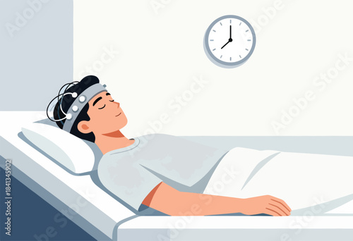 A sleeping person wears a device on their head with wires, a clock on the wall
