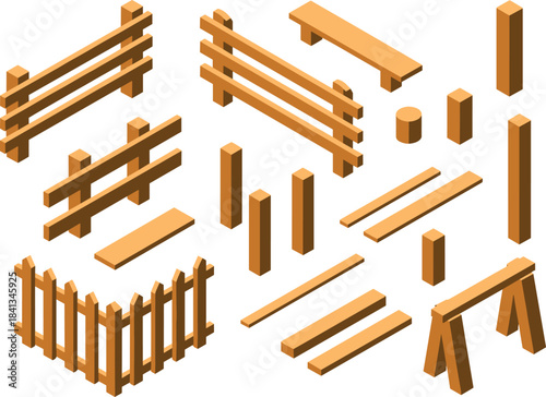Isometric wooden fence parts set, 3D fence posts and rails, modular construction elements, rustic outdoor barriers, editable building components illustration
