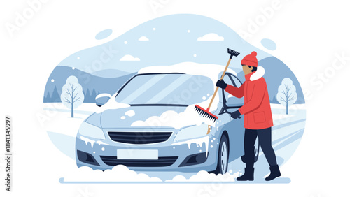 Man in red winter clothes clearing snow from car windshield with shovel on cold day