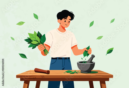 Person preparing herbs with mortar and pestle on wooden table