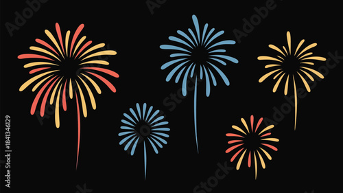 Colorful Festive Fireworks Bursts Celebration Display on Dark Night Sky