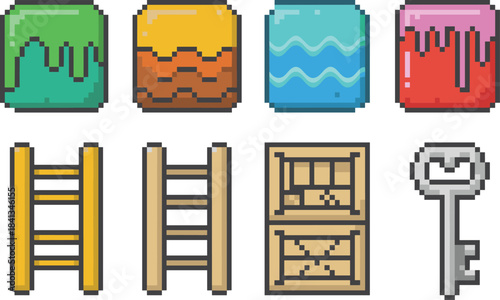 Pixel art game icons, colorful block tiles, ladders, crate and key, retro 8-bit style assets, gaming UI elements, collectible items