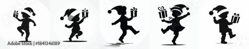 vector silhouette of a little boy dancing happily with a Christmas gift