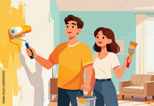Couple painting a room yellow, one using a roller, the other a brush