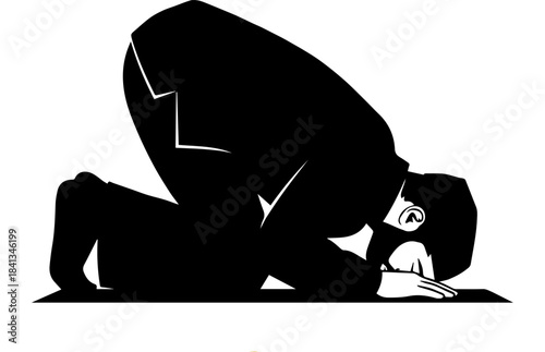 Black Silhouette of Muslim Man Prostrating in Prayer Vector Illustration