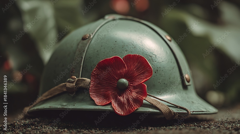 Fototapeta premium Military Helmet with Red Poppy Flower Symbol.