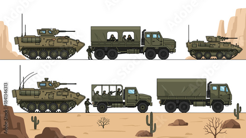 Military vehicles in a desert landscape with tanks and trucks