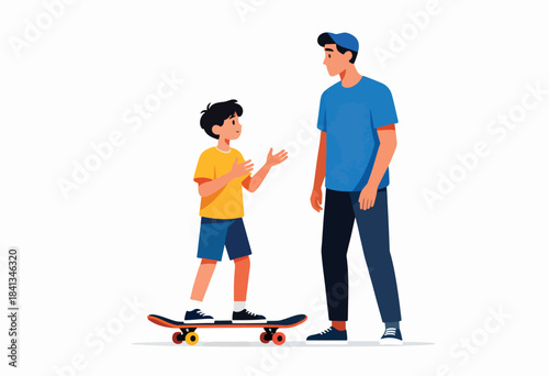 A young boy on a skateboard chats with an older figure