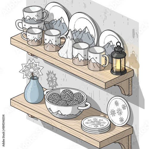 Cozy kitchen shelf with decorative mugs plates and winter-themed ornaments