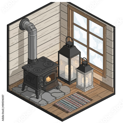 cozy rustic corner with wood stove and lanterns creating a warm inviting atmosphere