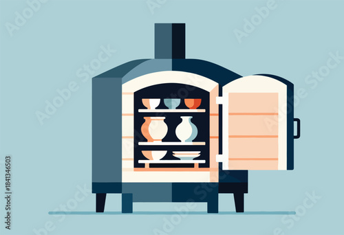 Open kiln with ceramic pottery inside and empty shelves behind the door