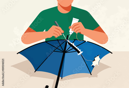 Person repairing torn blue umbrella with glue and needle