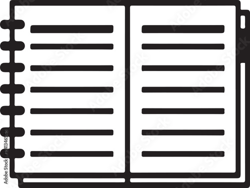 Simple black icon of an open spiral bound notebook on white background symbol