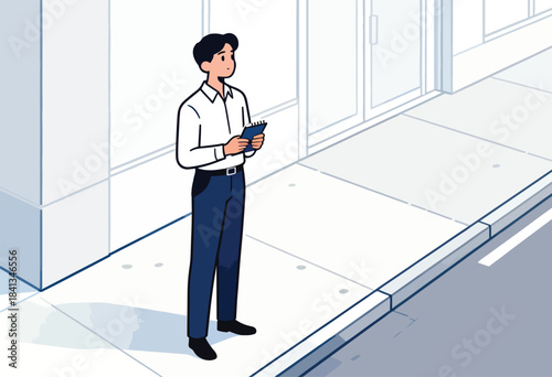 Man in business attire stands on a sidewalk holding a notepad, looking attentively