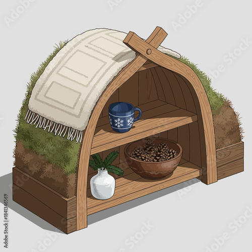 Cozy wooden pet house with grassy roof and interior shelves for comfort and style