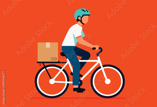 Person on a bicycle with a box on the back, wearing a helmet