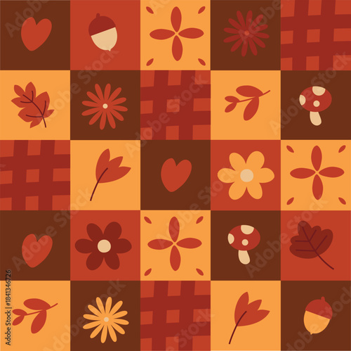 Seamless vector autumn blanket patchwork pattern in brown, red, and yellow – Stylized doodle fly agaric mushrooms, hearts, flowers, and leaves – Simplified childlike fall design for fabric and décor