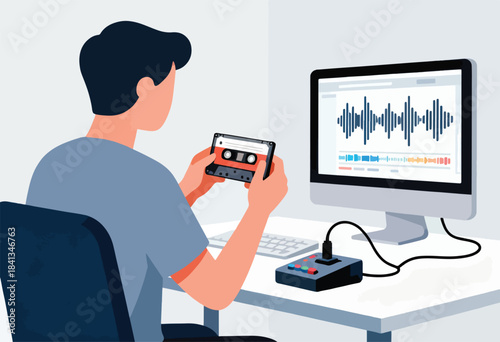 Person at desk with computer, audio waveform, and cassette tape