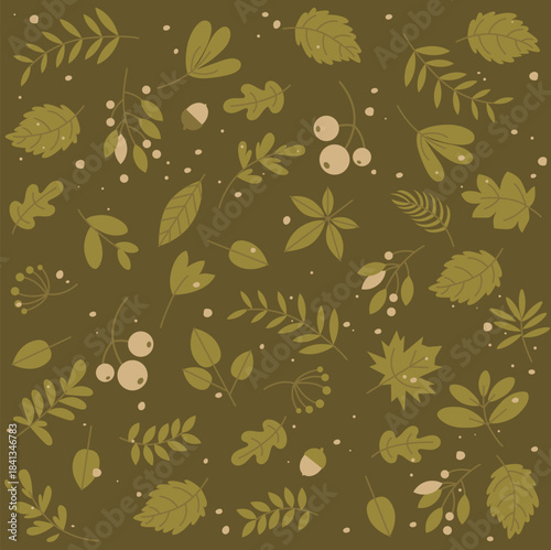 Olive green, coffee-colored, earthy, monochromatic leaves on a seamless vector pattern.