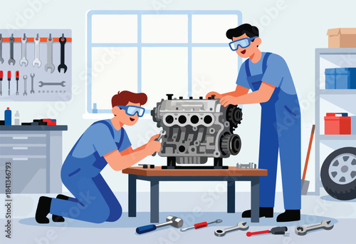Two mechanics in blue overalls and goggles work on an engine with tools