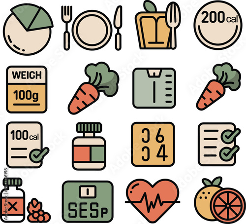 Health and nutrition icons, calorie counting diet symbols, wellness fitness elements, food tracking illustration, minimalist healthy lifestyle graphics, diet planning set