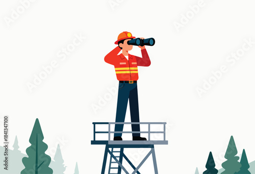 Person in safety gear on tower with binoculars, observing forest