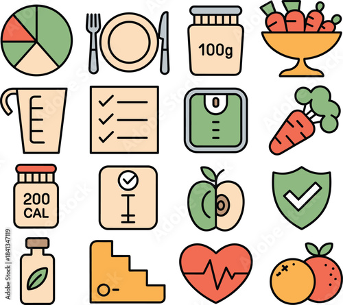 Health and nutrition icons, calorie counting diet symbols, wellness fitness elements, food tracking illustration, minimalist healthy lifestyle graphics, diet planning set