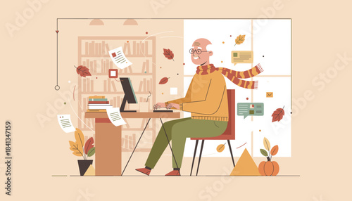 Happy senior man using desktop computer in a cozy autumn home office setting