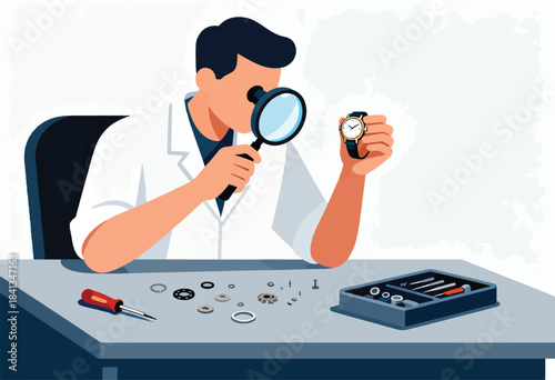 Person in lab coat meticulously examines watch components with magnifying glass