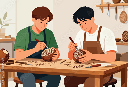 Two individuals meticulously carve intricate patterns into coconuts at a workbench