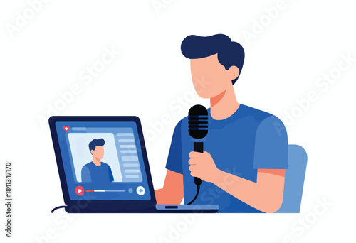 A person holding a microphone in front of a laptop screen displaying a video