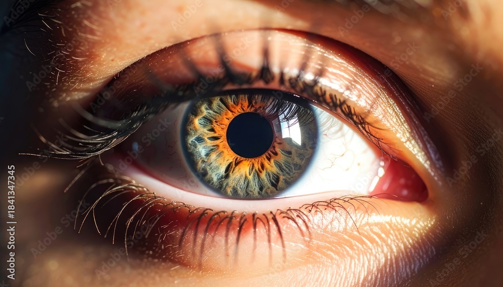 Fototapeta premium Extreme close-up shot capturing the intricate, amber and teal patterns of a human iris under dramatic lighting.