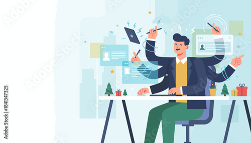 Hyperefficient employee handles multiple tasks simultaneously during busy season