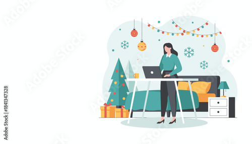 Business woman working from home on a laptop during the festive winter holidays