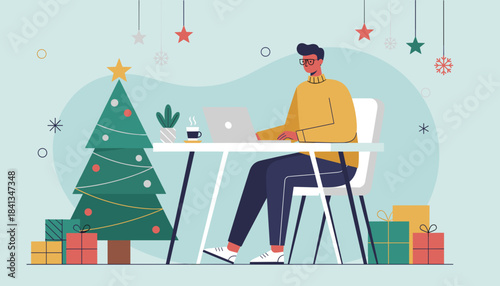 Man working remotely on a laptop near a decorated Christmas tree and gifts during the festive holiday season