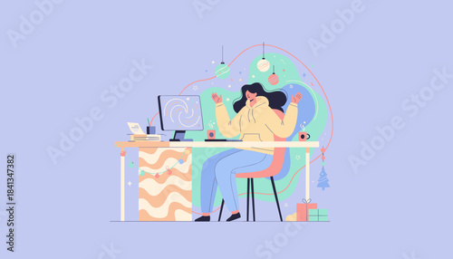 Excited woman celebrating yearend success while working from home surrounded by festive holiday decorations