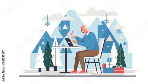 Elderly man frustrated with slow laptop technology in a winter holiday setting