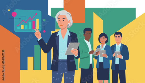 Diverse business leaders analyze market growth and financial results digitally