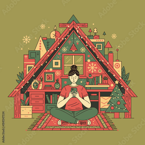 Woman using smartphone in cozy Christmas cabin Remote lifestyle holiday connectivity illustration