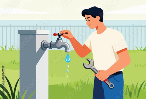 A man adjusts an outdoor faucet, holding a wrench. Water drips