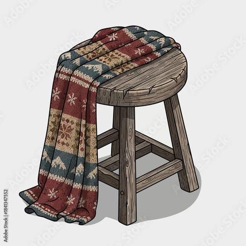 Rustic wooden stool with a cozy patterned blanket draped over it evoking warmth and homeliness