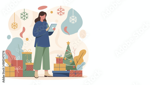 Woman uses tablet for online Christmas shopping surrounded by gifts and a festive tree Winter holiday vector