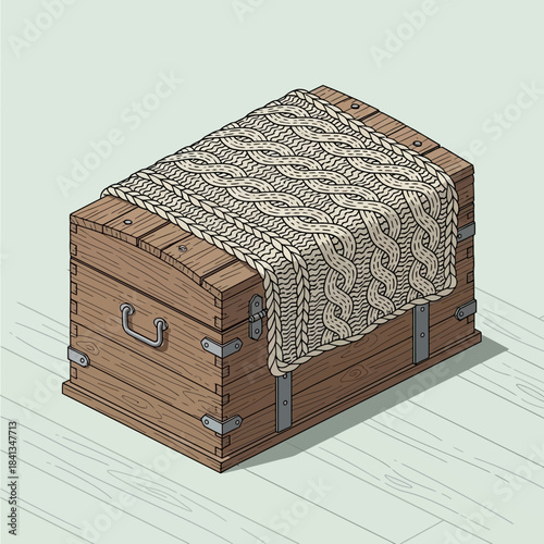 Vintage wooden chest with intricate cable-knit blanket draped over it in a minimalist style room