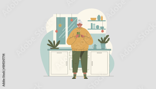 Senior woman smiling scrolling on a phone in a festive home kitchen