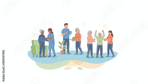 Senior care illustration diverse people enjoying support health and assisted living activities