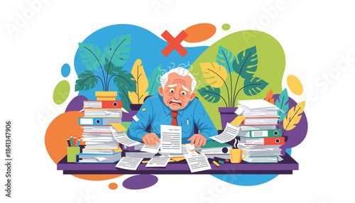 Anxious senior employee drowning in paperwork Overwork stress bureaucracy and deadline pressure concept