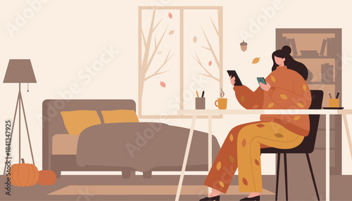 Woman using phone and tablet in cozy fall interior Remote work or social networking at home