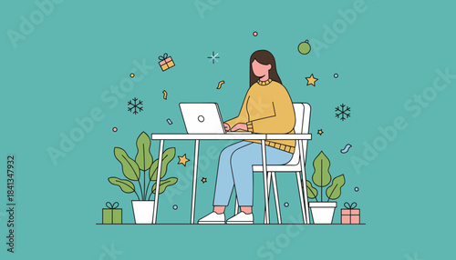 Woman working remotely on laptop with festive Christmas and winter elements Holiday productivity illustration