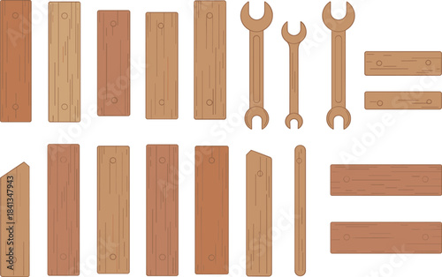 Wood planks and wrench tools illustration, wooden board set, construction materials, repair equipment icons, carpentry elements, DIY crafting hardware artwork