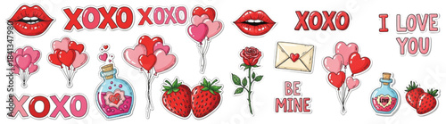 Hand-Drawn Valentine's Day Sticker Sheet Set Featuring Marker Pen Doodles of Hearts, Lips, and Love Text